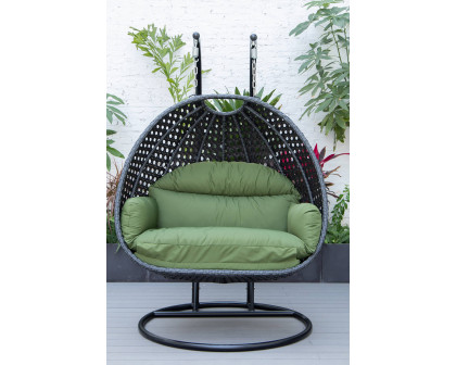 LeisureMod™ Mendoza Charcoal Wicker Hanging 2 Person Egg Swing Chair - Dark Green