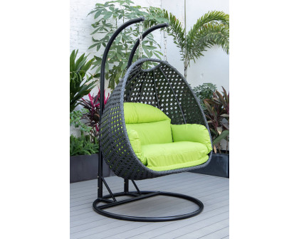 LeisureMod Mendoza Charcoal Wicker Hanging 2 Person Egg Swing Chair - Light Green