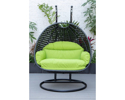 LeisureMod Mendoza Charcoal Wicker Hanging 2 Person Egg Swing Chair - Light Green