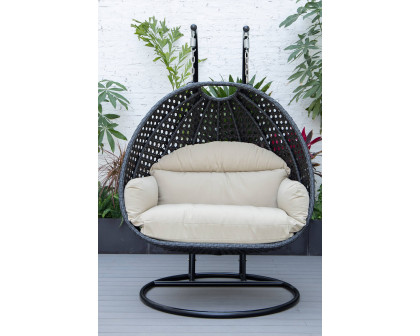 LeisureMod™ Mendoza Charcoal Wicker Hanging 2 Person Egg Swing Chair - Taupe