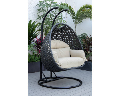 LeisureMod™ Mendoza Charcoal Wicker Hanging 2 Person Egg Swing Chair - Taupe