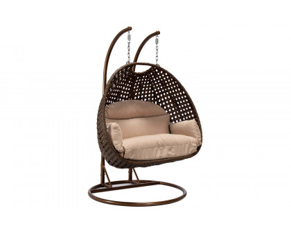 LeisureMod Mendoza Light Brown Wicker Hanging 2 Person Egg Swing Chair