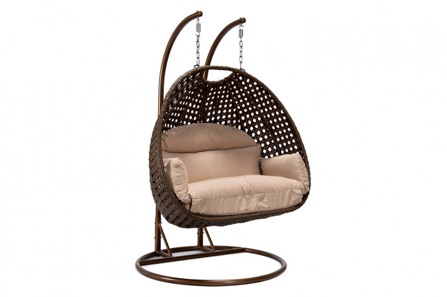 LeisureMod™ Mendoza Dark Brown Wicker Hanging 2 Person Egg Swing Chair - Beige