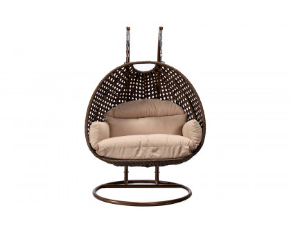 LeisureMod™ Mendoza Dark Brown Wicker Hanging 2 Person Egg Swing Chair - Beige