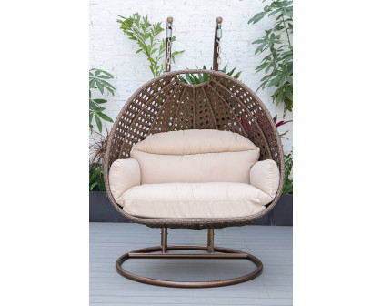 LeisureMod™ Mendoza Dark Brown Wicker Hanging 2 Person Egg Swing Chair - Beige