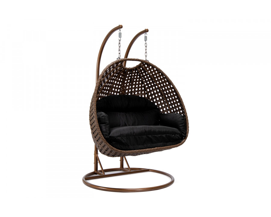 LeisureMod Mendoza Dark Brown Wicker Hanging 2 Person Egg Swing Chair - Black