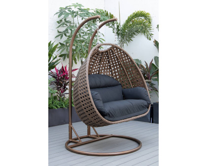 LeisureMod Mendoza Dark Brown Wicker Hanging 2 Person Egg Swing Chair - Black