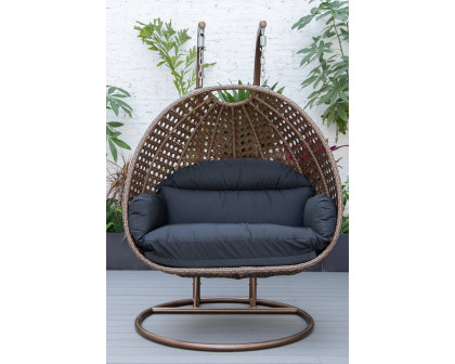 LeisureMod Mendoza Dark Brown Wicker Hanging 2 Person Egg Swing Chair - Black