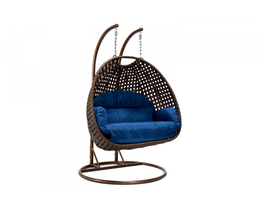 LeisureMod Mendoza Dark Brown Wicker Hanging 2 Person Egg Swing Chair - Blue