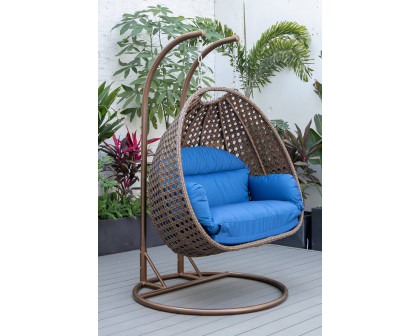 LeisureMod Mendoza Dark Brown Wicker Hanging 2 Person Egg Swing Chair - Blue