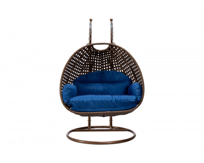 LeisureMod Mendoza Dark Brown Wicker Hanging 2 Person Egg Swing Chair - Blue