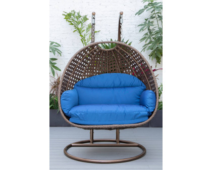 LeisureMod Mendoza Dark Brown Wicker Hanging 2 Person Egg Swing Chair - Blue