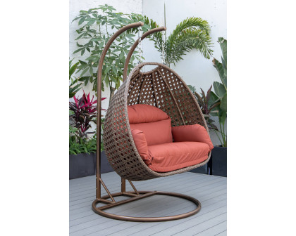 LeisureMod Mendoza Dark Brown Wicker Hanging 2 Person Egg Swing Chair - Cherry