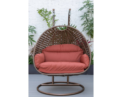 LeisureMod Mendoza Dark Brown Wicker Hanging 2 Person Egg Swing Chair - Cherry