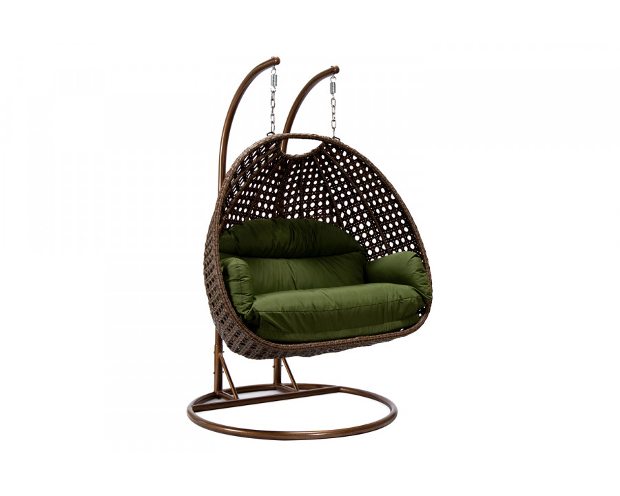 LeisureMod Mendoza Dark Brown Wicker Hanging 2 Person Egg Swing Chair - Dark Green