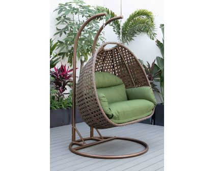 LeisureMod Mendoza Dark Brown Wicker Hanging 2 Person Egg Swing Chair - Dark Green