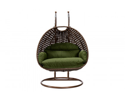 LeisureMod Mendoza Dark Brown Wicker Hanging 2 Person Egg Swing Chair - Dark Green