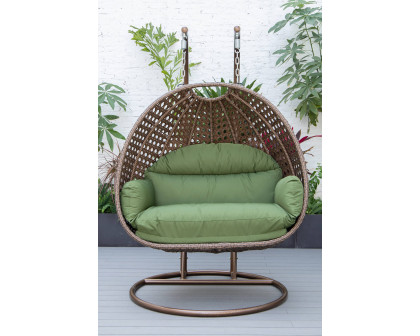 LeisureMod Mendoza Dark Brown Wicker Hanging 2 Person Egg Swing Chair - Dark Green