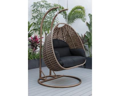 LeisureMod™ Mendoza Dark Brown Wicker Hanging 2 Person Egg Swing Chair - Dark Gray