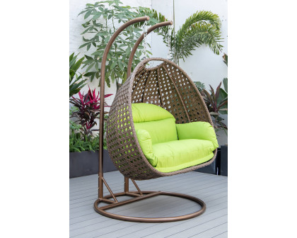 LeisureMod Mendoza Dark Brown Wicker Hanging 2 Person Egg Swing Chair - Light Green