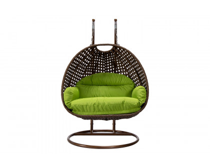 LeisureMod Mendoza Dark Brown Wicker Hanging 2 Person Egg Swing Chair - Light Green