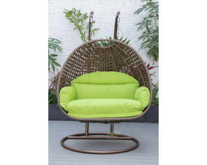 LeisureMod Mendoza Dark Brown Wicker Hanging 2 Person Egg Swing Chair - Light Green