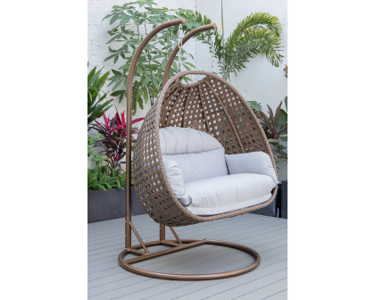 LeisureMod Mendoza Dark Brown Wicker Hanging 2 Person Egg Swing Chair - Light Gray