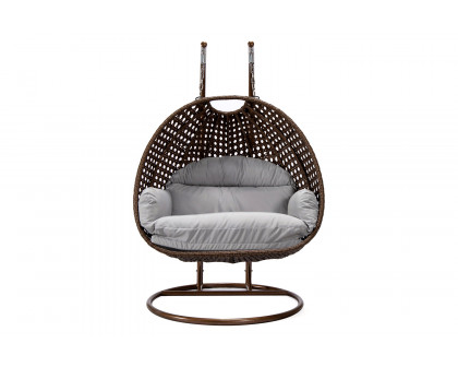 LeisureMod Mendoza Dark Brown Wicker Hanging 2 Person Egg Swing Chair - Light Gray