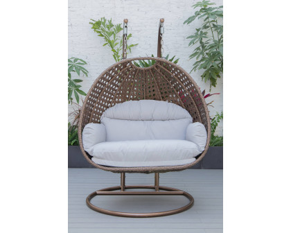 LeisureMod Mendoza Dark Brown Wicker Hanging 2 Person Egg Swing Chair - Light Gray