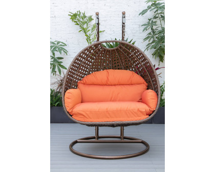 LeisureMod Mendoza Dark Brown Wicker Hanging 2 Person Egg Swing Chair - Orange