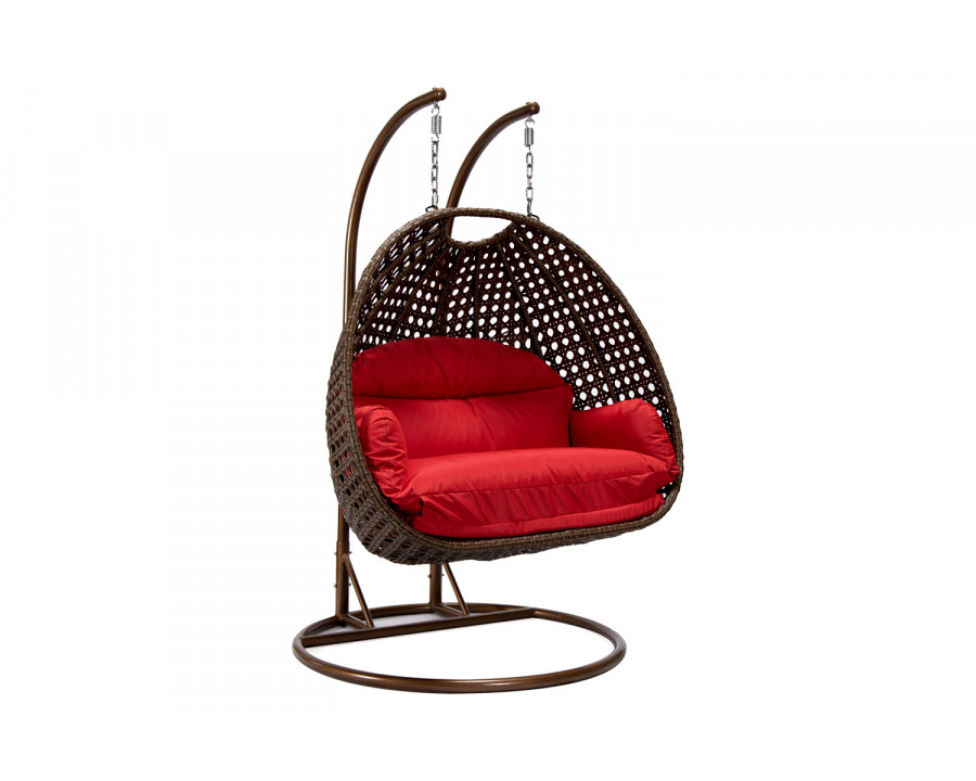 LeisureMod Mendoza Dark Brown Wicker Hanging 2 Person Egg Swing Chair - Red