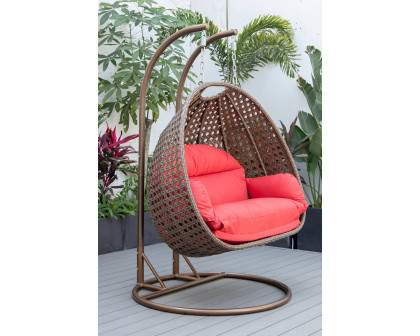 LeisureMod Mendoza Dark Brown Wicker Hanging 2 Person Egg Swing Chair - Red