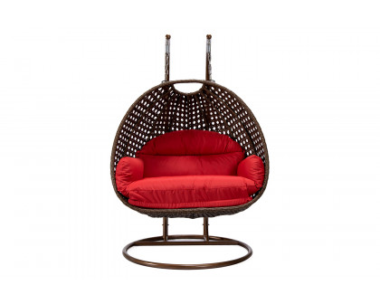 LeisureMod Mendoza Dark Brown Wicker Hanging 2 Person Egg Swing Chair - Red