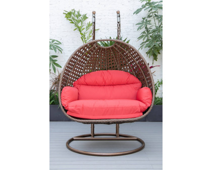 LeisureMod Mendoza Dark Brown Wicker Hanging 2 Person Egg Swing Chair - Red