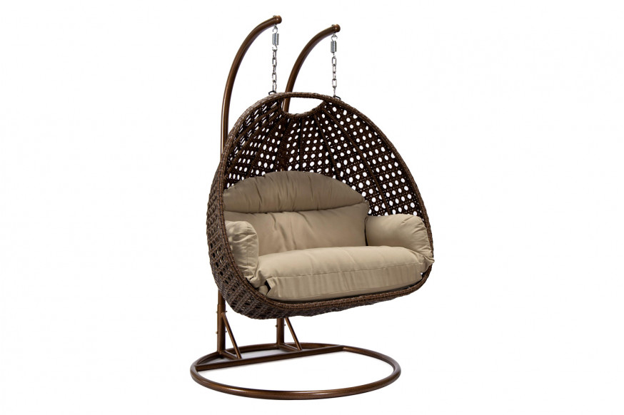 LeisureMod™ Mendoza Dark Brown Wicker Hanging 2 Person Egg Swing Chair - Taupe