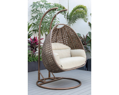 LeisureMod™ Mendoza Dark Brown Wicker Hanging 2 Person Egg Swing Chair - Taupe