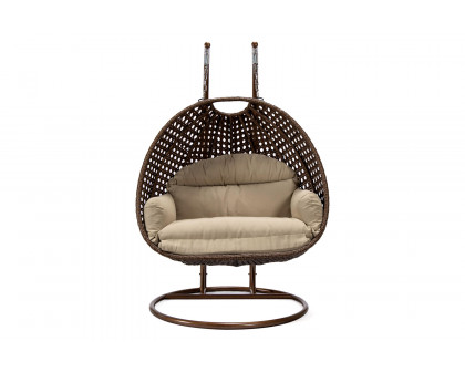 LeisureMod™ Mendoza Dark Brown Wicker Hanging 2 Person Egg Swing Chair - Taupe