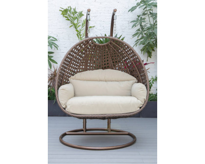 LeisureMod™ Mendoza Dark Brown Wicker Hanging 2 Person Egg Swing Chair - Taupe