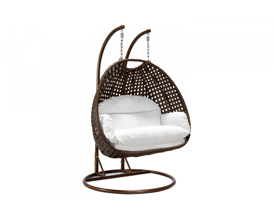 LeisureMod Mendoza Dark Brown Wicker Hanging 2 Person Egg Swing Chair - White