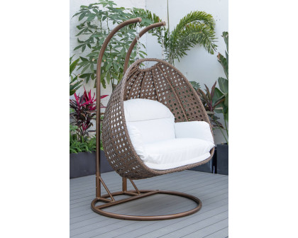 LeisureMod Mendoza Dark Brown Wicker Hanging 2 Person Egg Swing Chair - White