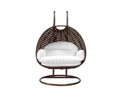 LeisureMod Mendoza Dark Brown Wicker Hanging 2 Person Egg Swing Chair - White