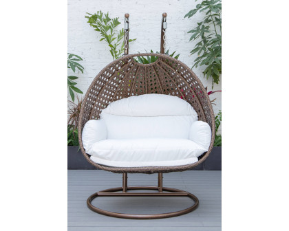 LeisureMod Mendoza Dark Brown Wicker Hanging 2 Person Egg Swing Chair - White