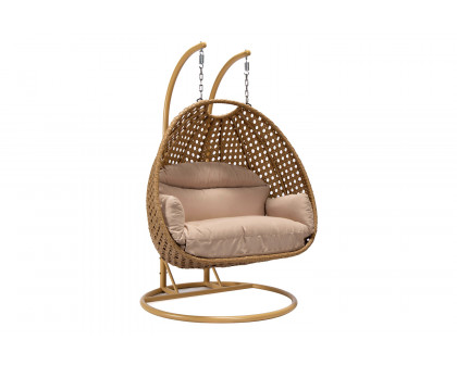 LeisureMod Mendoza Light Brown Wicker Hanging 2 Person Egg Swing Chair