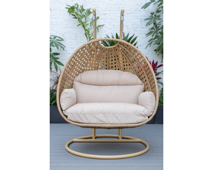 LeisureMod Mendoza Light Brown Wicker Hanging 2 Person Egg Swing Chair - Beige