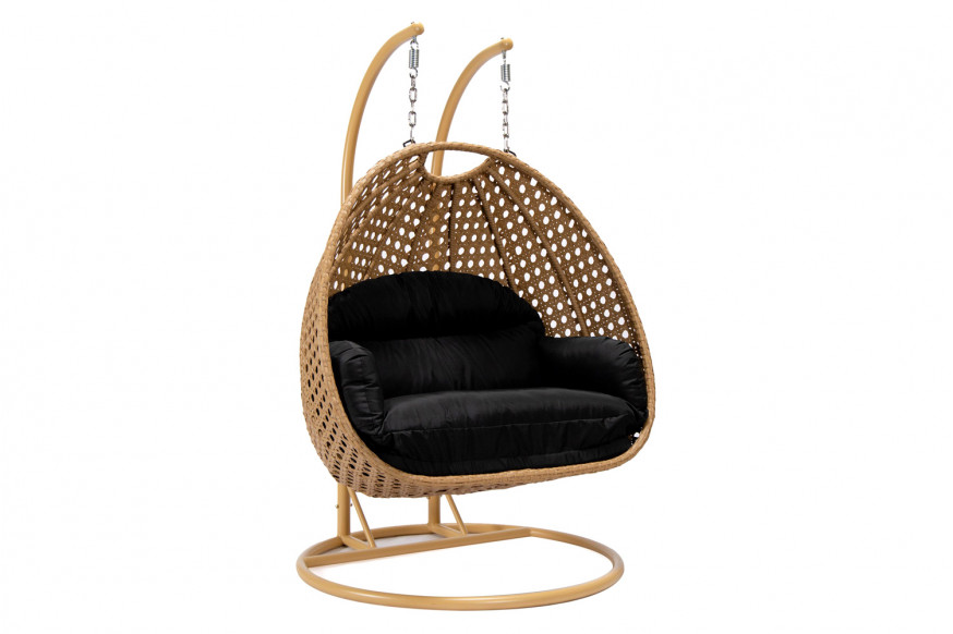 LeisureMod™ Mendoza Light Brown Wicker Hanging 2 Person Egg Swing Chair - Black