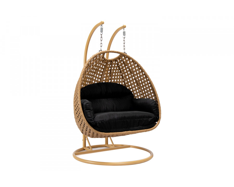 LeisureMod Mendoza Light Brown Wicker Hanging 2 Person Egg Swing Chair - Black