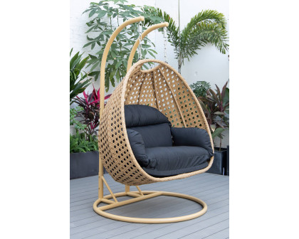 LeisureMod™ Mendoza Light Brown Wicker Hanging 2 Person Egg Swing Chair - Black