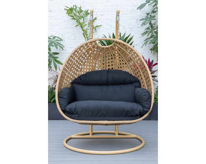 LeisureMod™ Mendoza Light Brown Wicker Hanging 2 Person Egg Swing Chair - Black