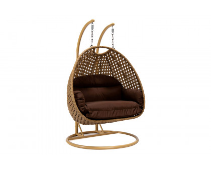 LeisureMod Mendoza Light Brown Wicker Hanging 2 Person Egg Swing Chair