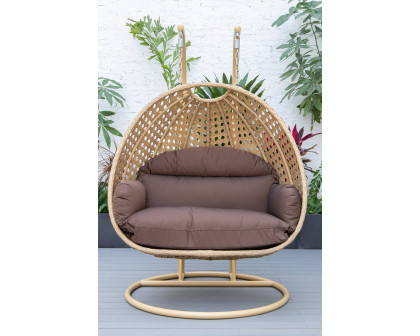 LeisureMod Mendoza Light Brown Wicker Hanging 2 Person Egg Swing Chair - Brown